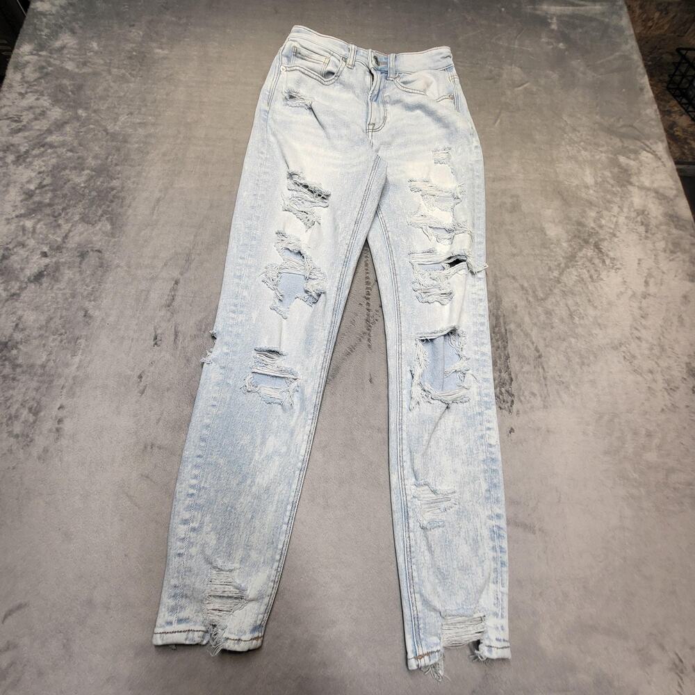 American Eagle Mom Jeans Womens 00 Blue Acid‎ Wash High Rise Distressed